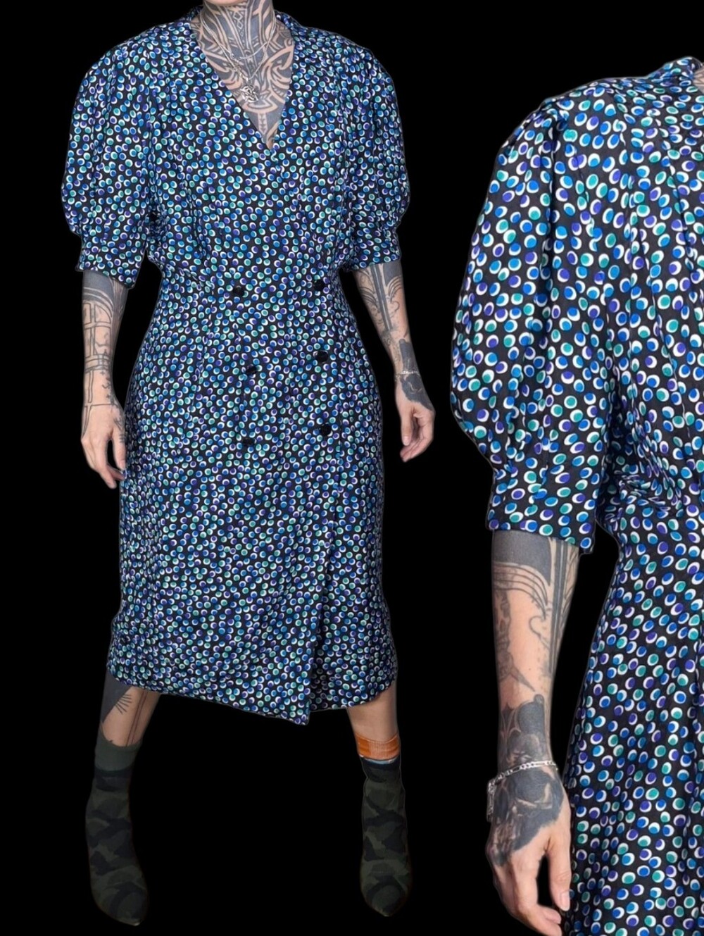 Vintage 80s 100% Silk Polka Dot Midi Dress M/L Puff Sleeve Double Breasted